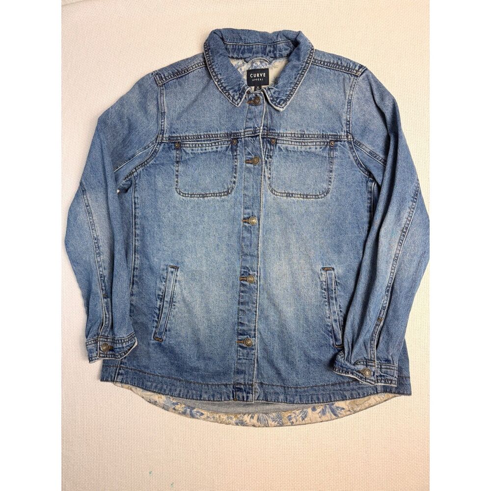 Curve Appeal Women's Denim Jacket XL Floral Lined Button Front Jean Jacket